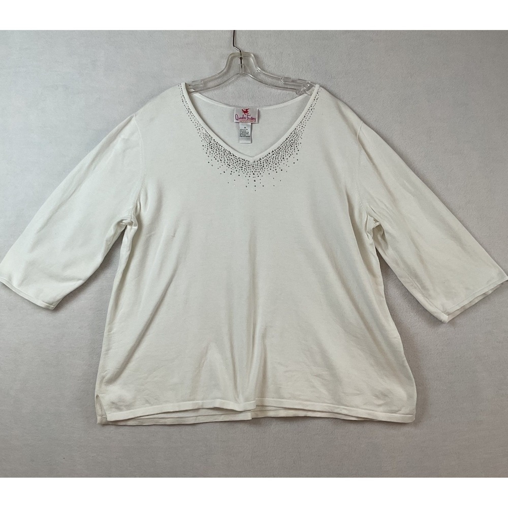 Quacker Factory Shirt Womens Plus 2X White Knit 3/4 Sleeve‎ Rhinestone Accents